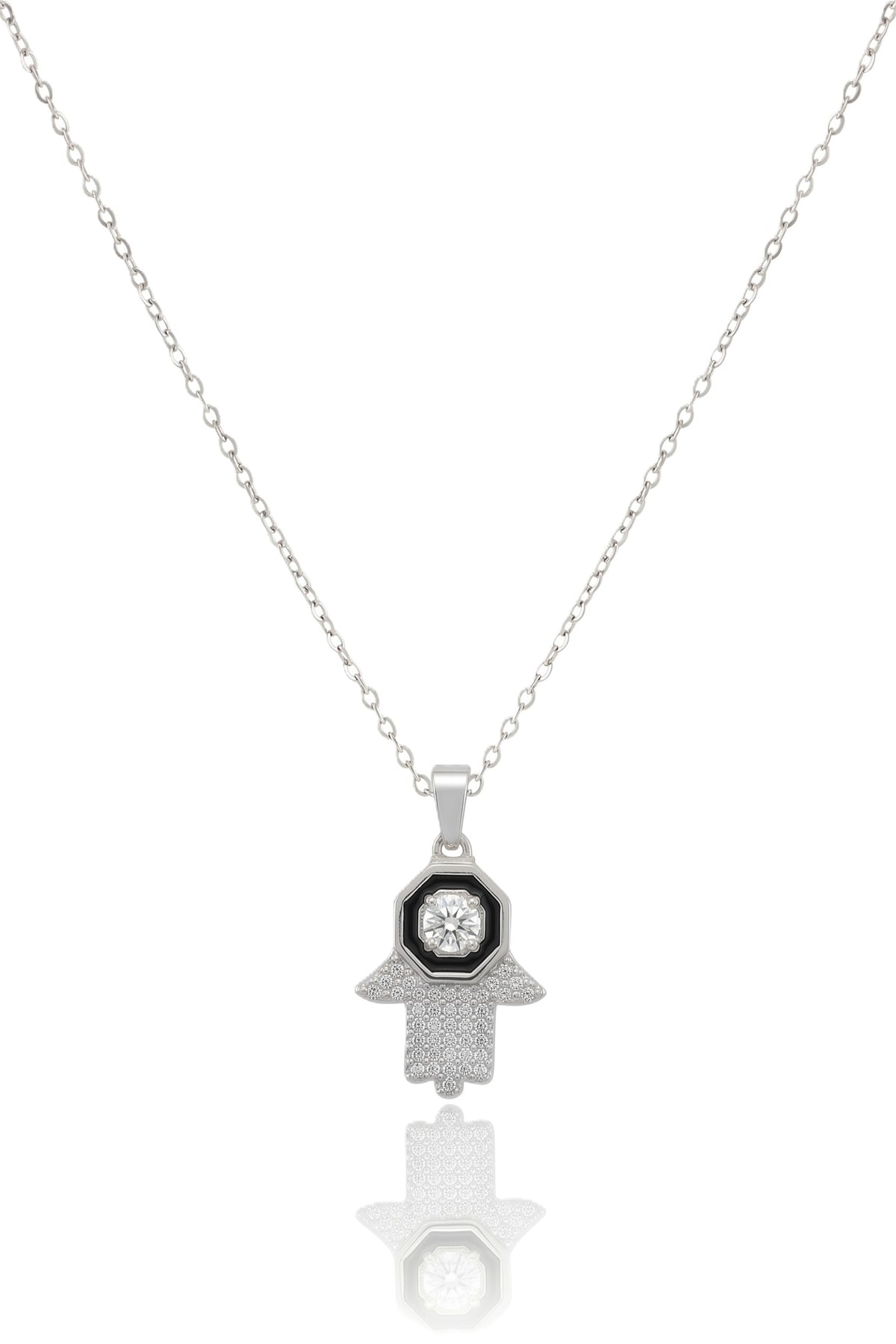 Çelik Taşlı Fatma Ana Eli Kolye SILVER 45cm
