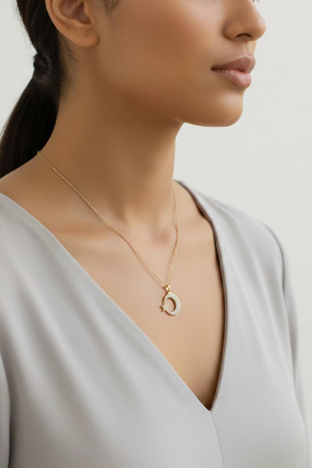 Steel Star and Crescent Necklace GOLD 45 cm