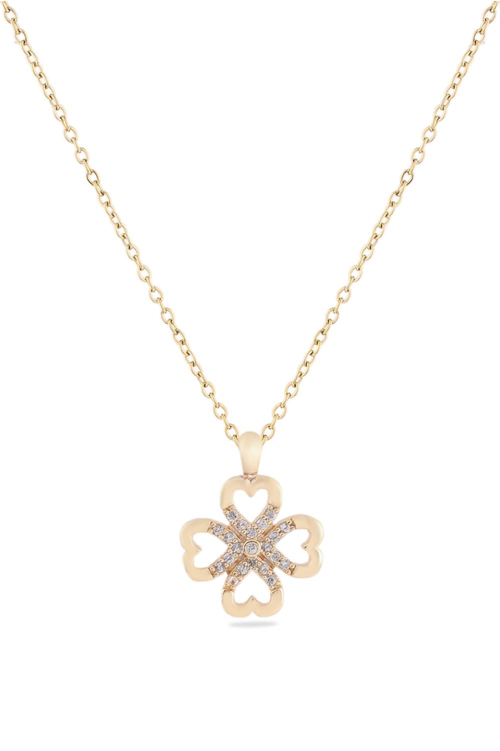 Kalp Yonca Zirkon Kolye GOLD 45 cm