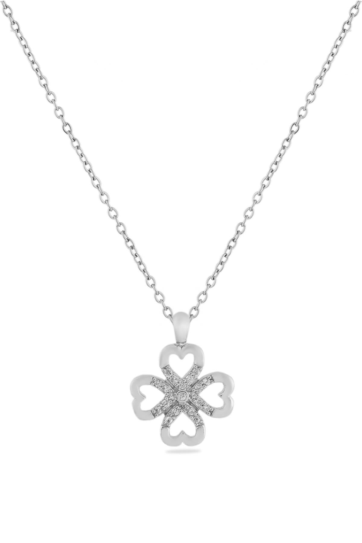 Kalp Yonca Zirkon Kolye SILVER 45 cm
